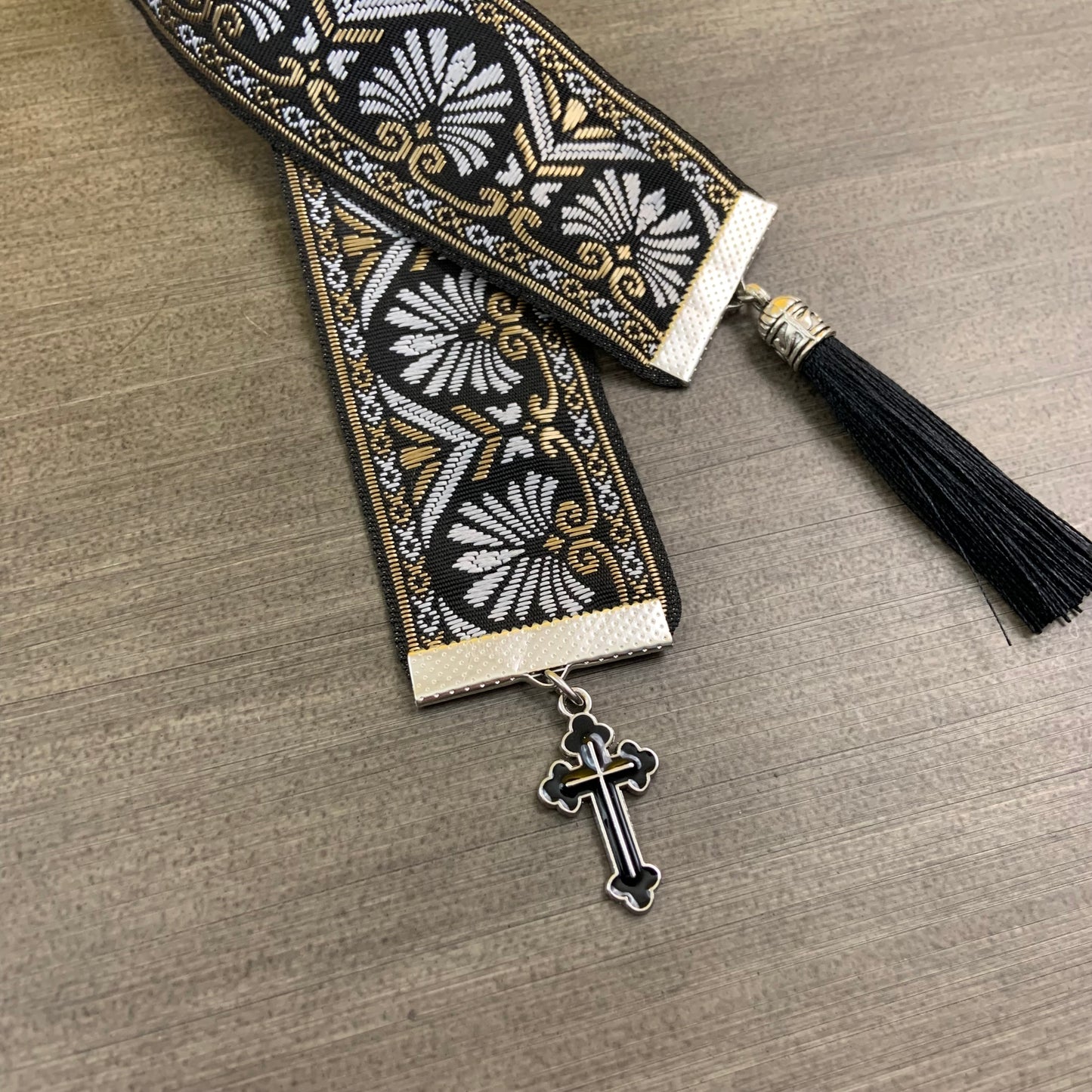 12” Ribbon Bookmark, gray black and gold pattern with black tassel and black enamel cross