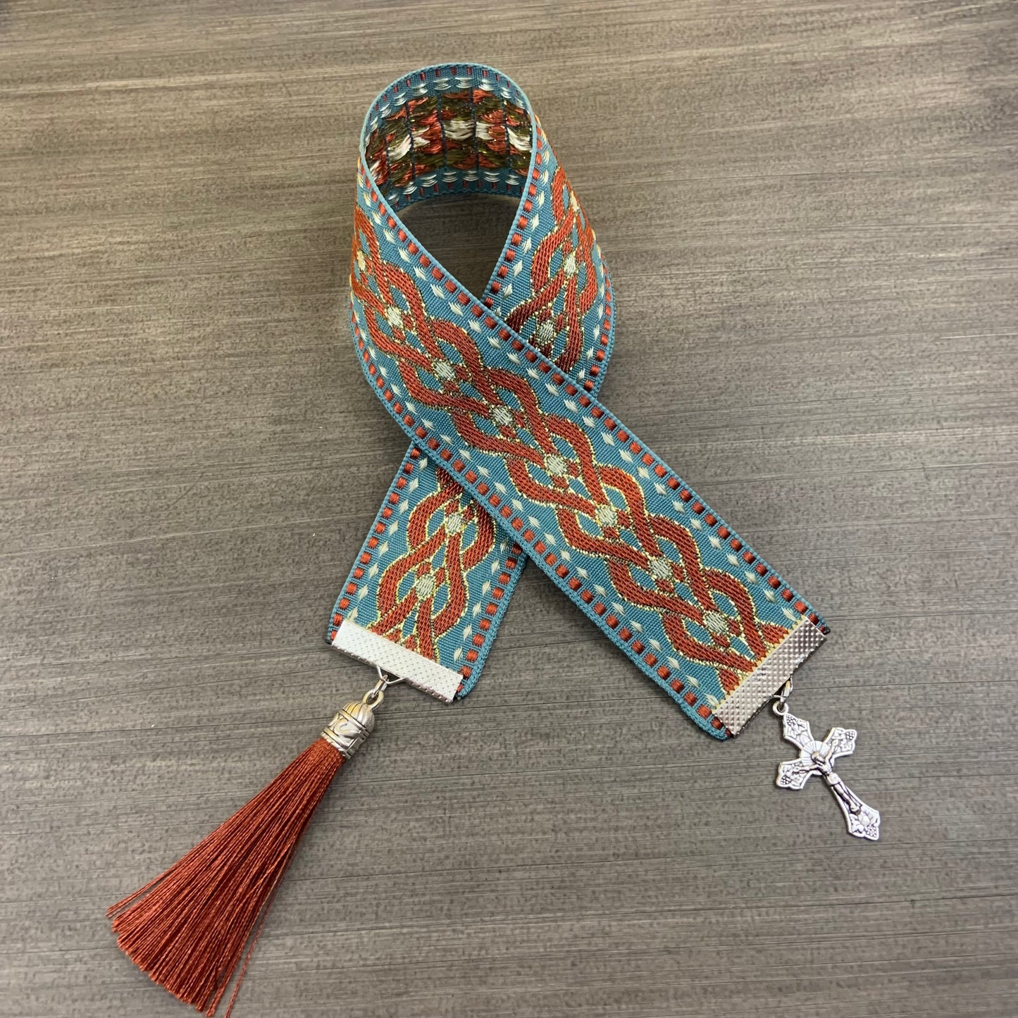 12” Ribbon Bookmark, brown and blue pattern ribbon with silver cross and brown tassel