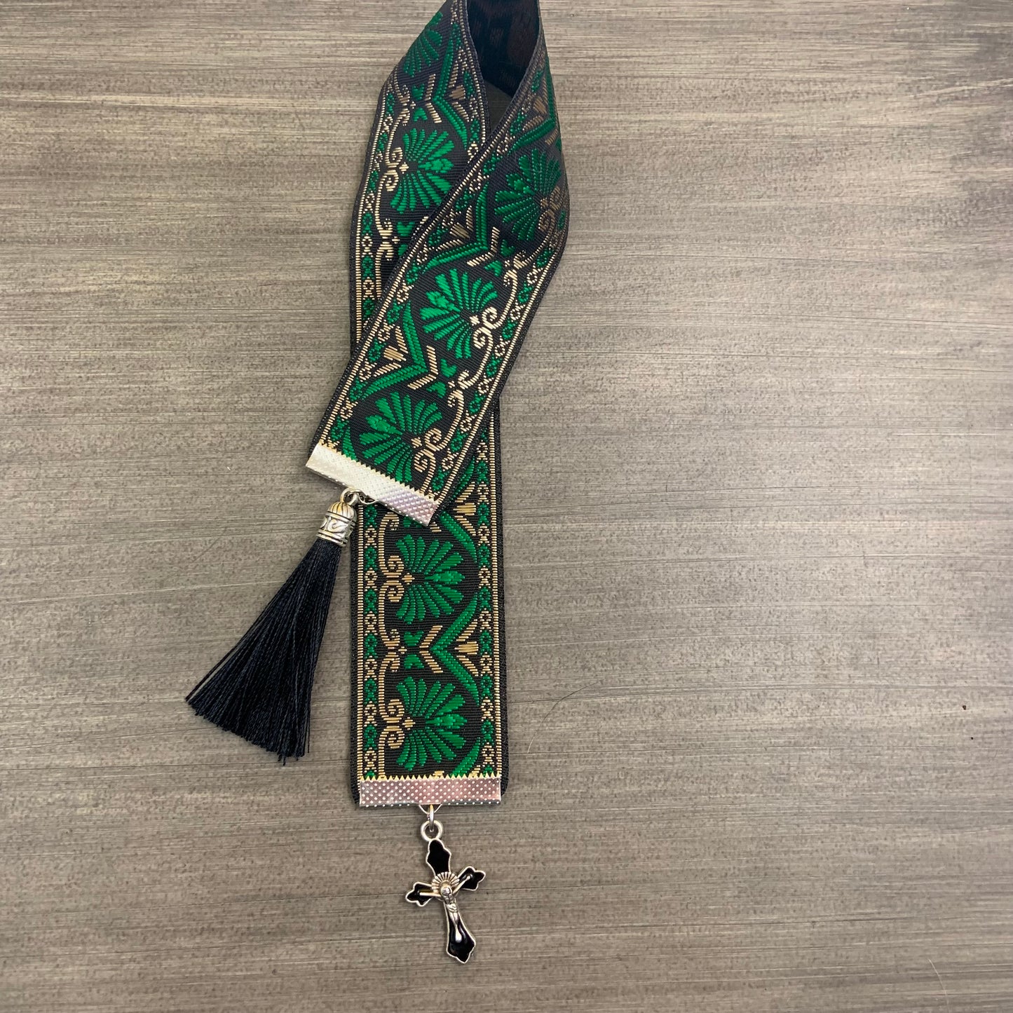 12” Ribbon Bookmark, green and black pattern with black enamel cross