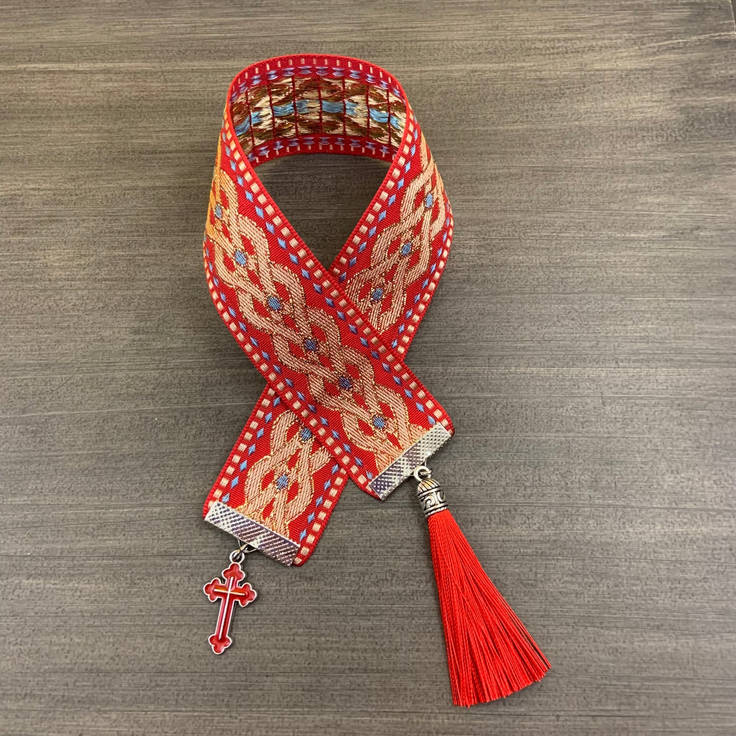 12” Ribbon Bookmark, red gold pattern ribbon with red enamel cross and red tassel