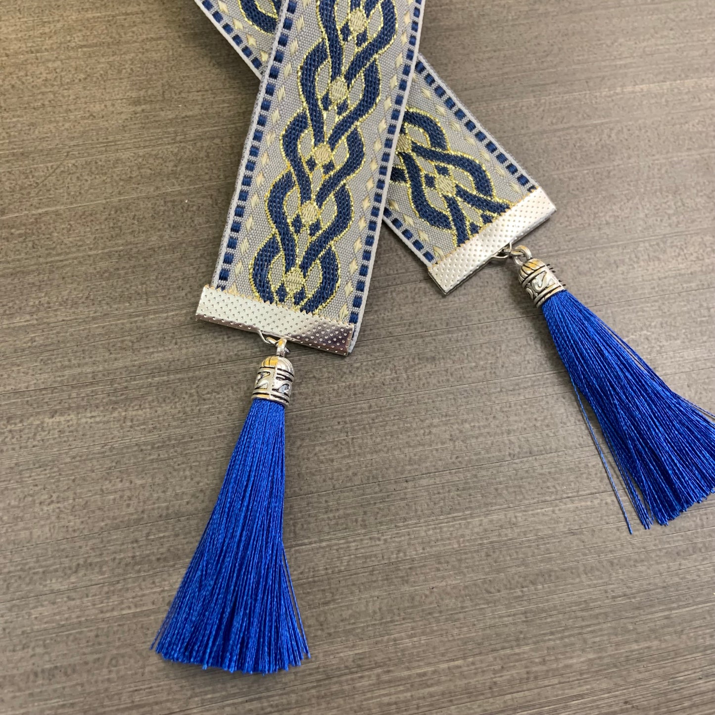 12” Ribbon Bookmark, blue, grey and gold pattern with blue tassels