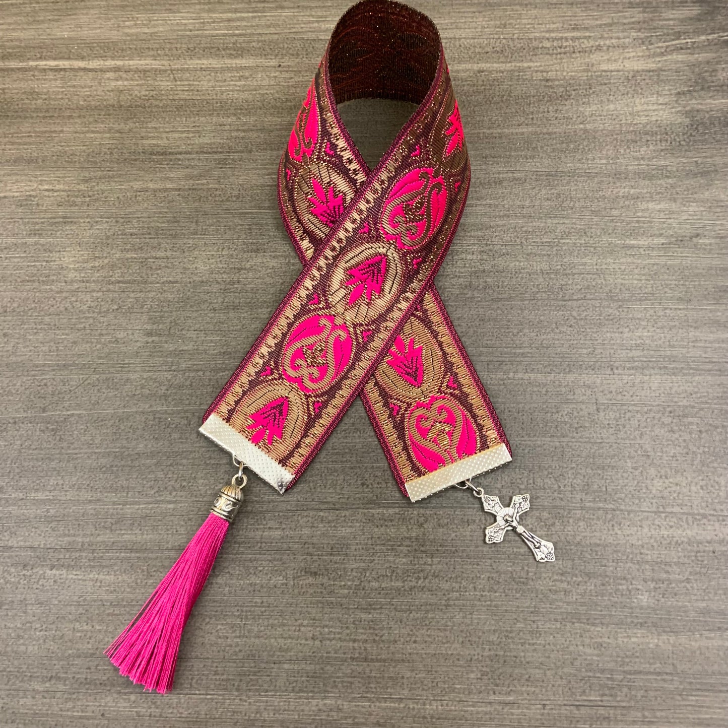 12” Ribbon Bookmark, hot pink and gold pattern with pink tassels