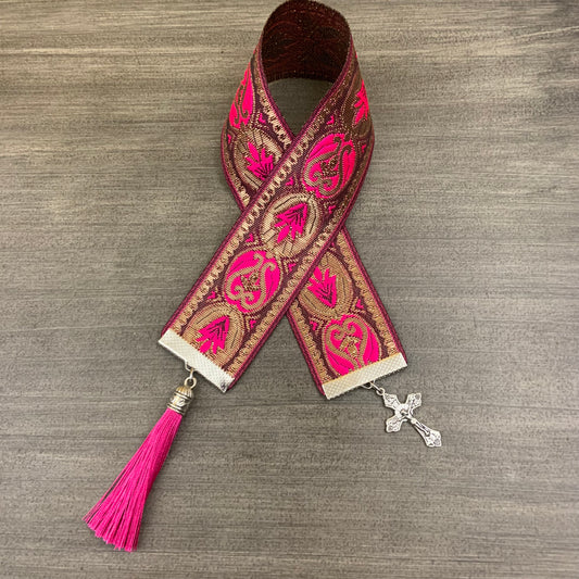 12” Ribbon Bookmark, hot pink and gold pattern with pink tassels