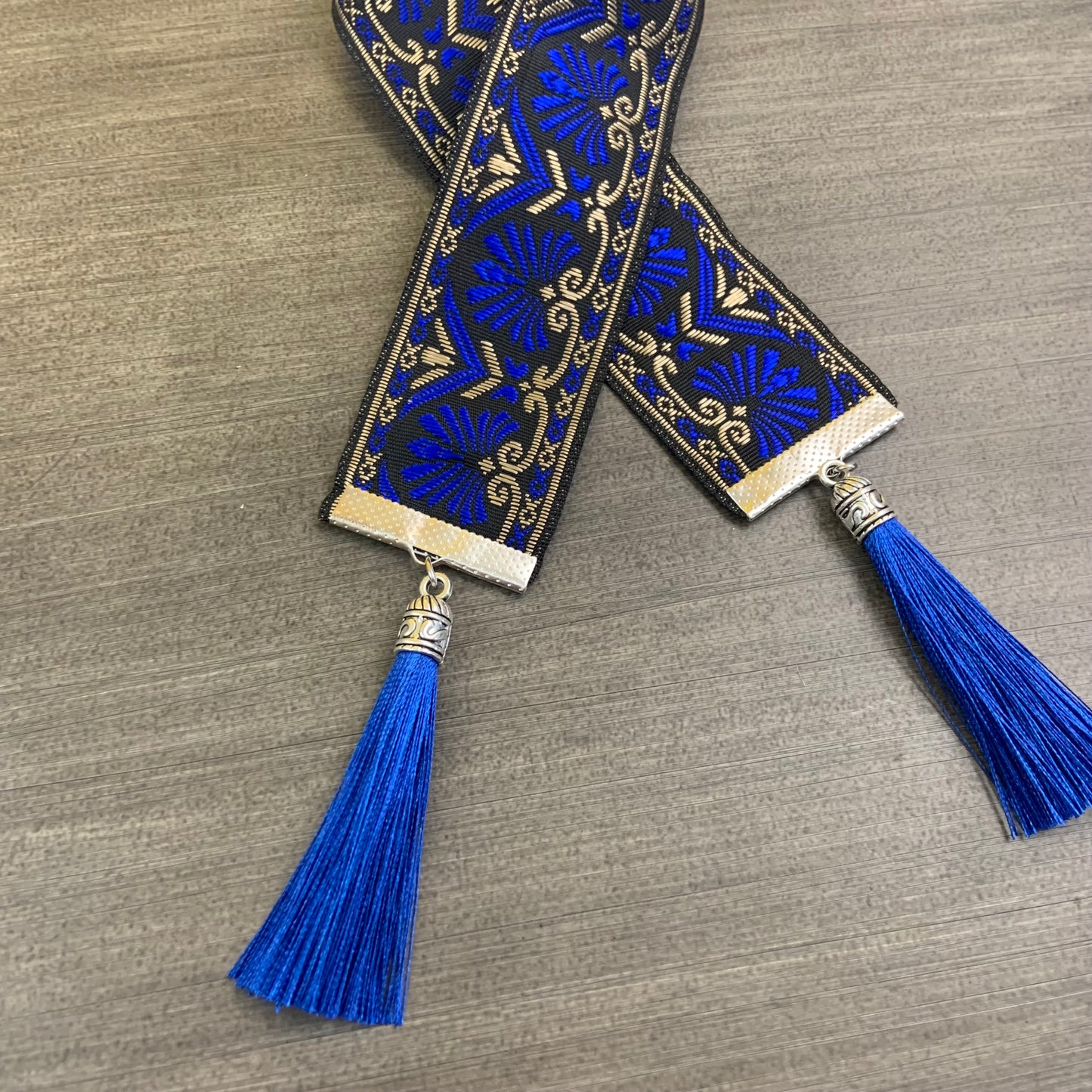 12” Ribbon Bookmark, blue and black pattern with blue tassels