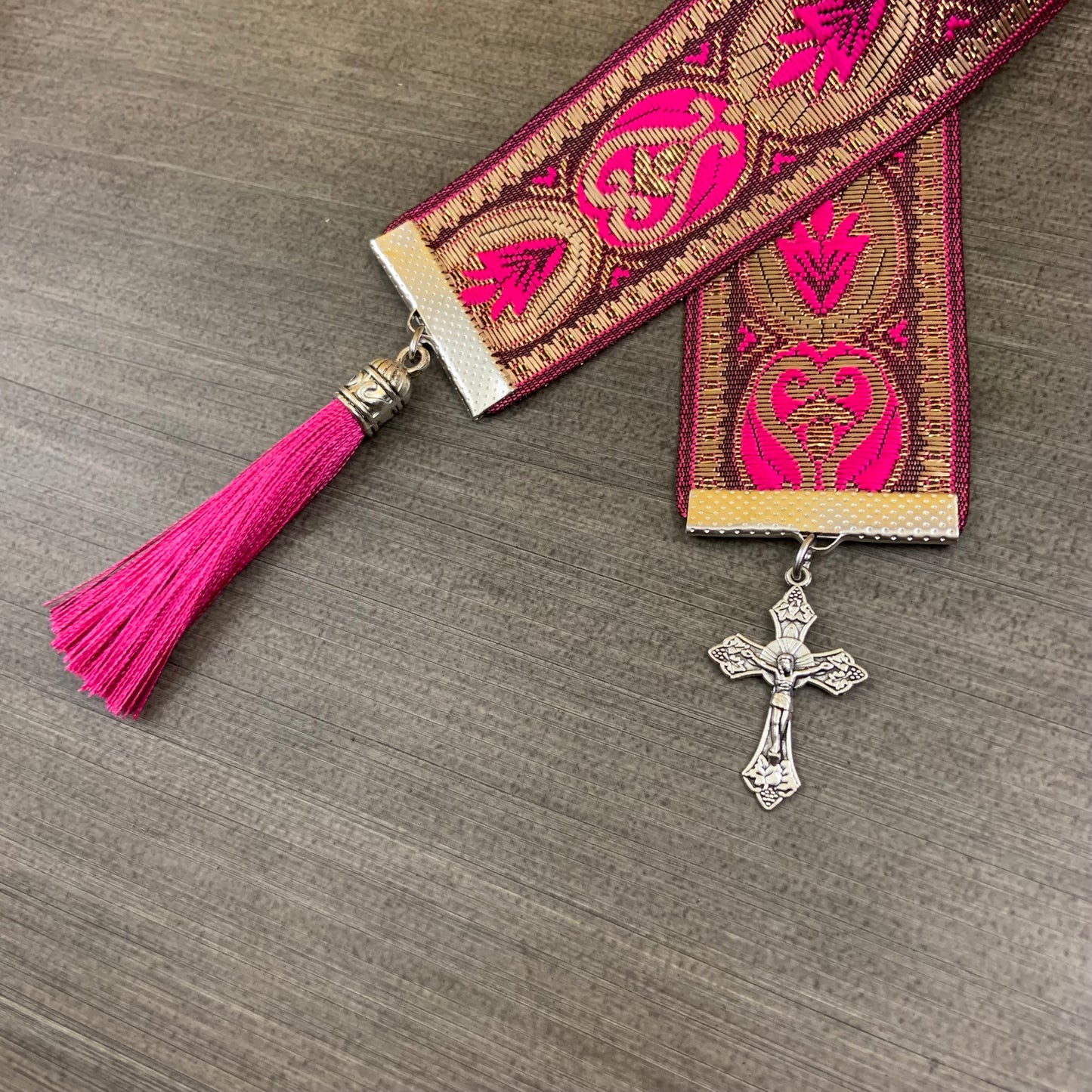 12” Ribbon Bookmark, hot pink and gold pattern with pink tassels