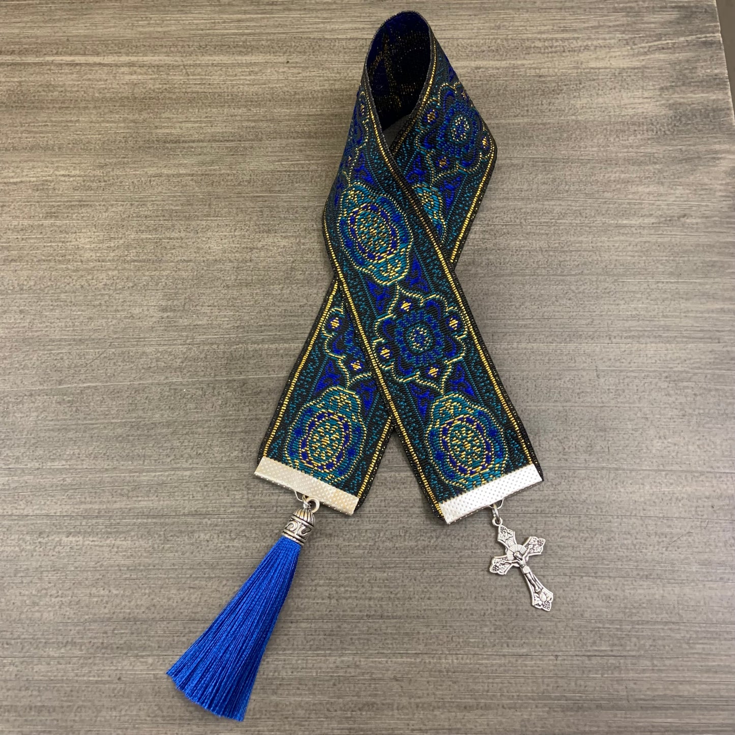 12” Ribbon Bookmark, blue gold pattern ribbon with silver cross and royal blue tassel