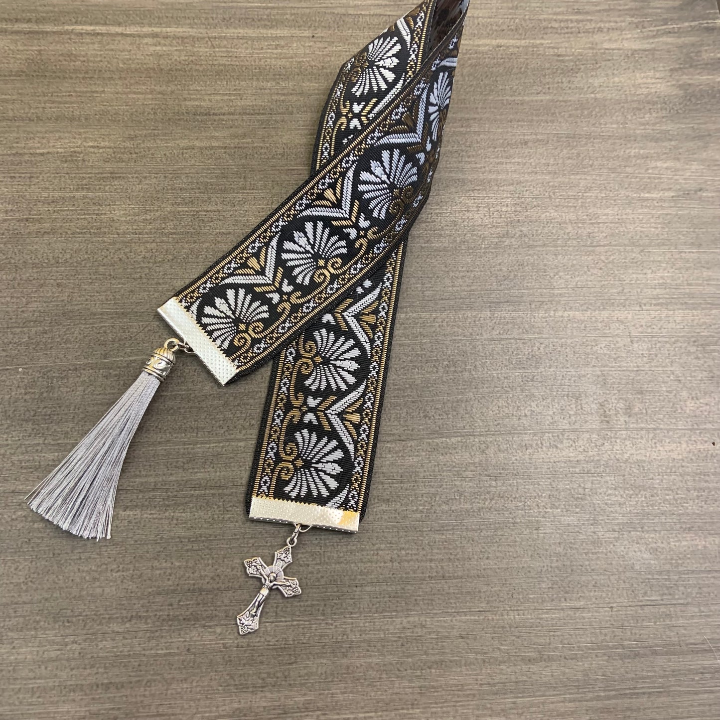 12” Ribbon Bookmark, gray black and gold pattern with gray tassel