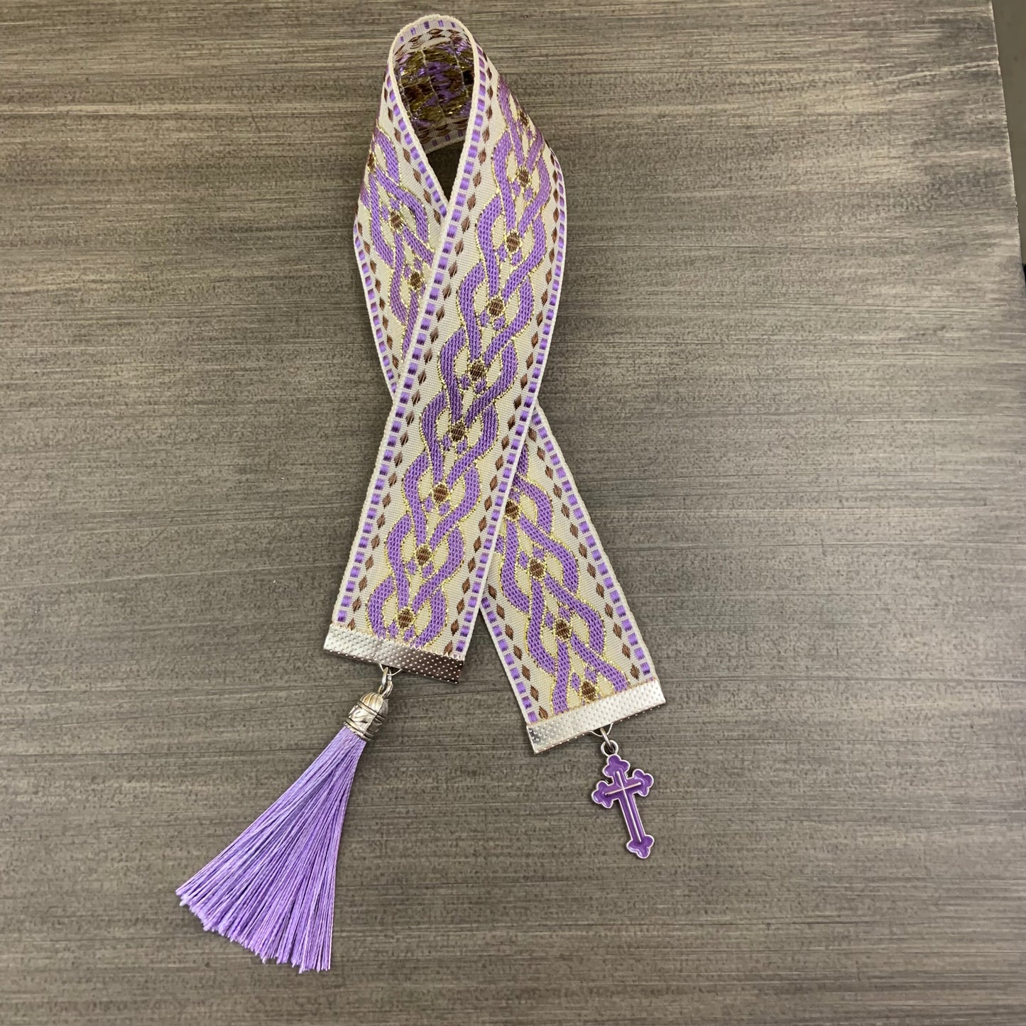 12” Ribbon Bookmark, lavender white pattern ribbon with lavender enamel cross and tassel