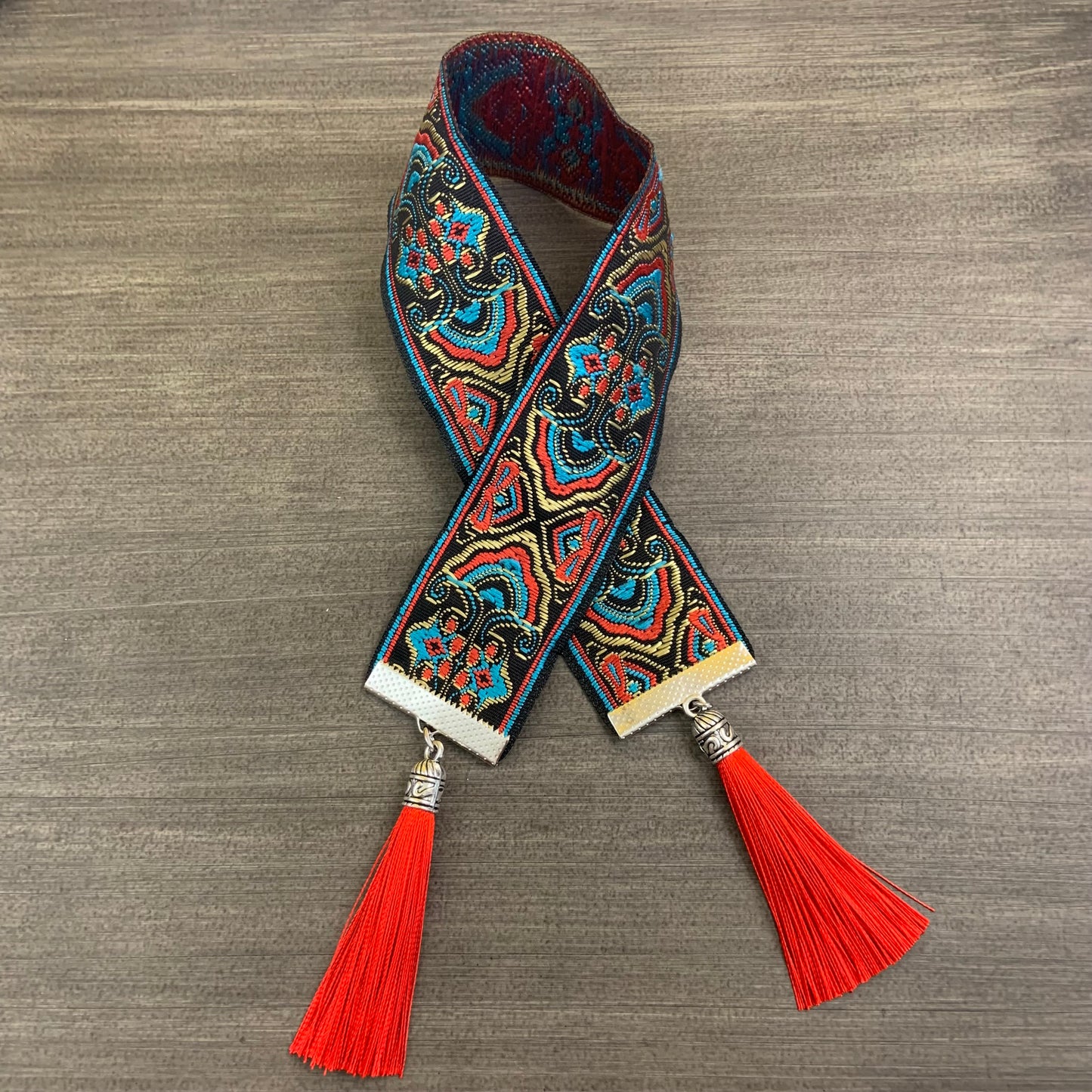 12” Ribbon Bookmark, blue, orange and gold pattern with red orange tassels