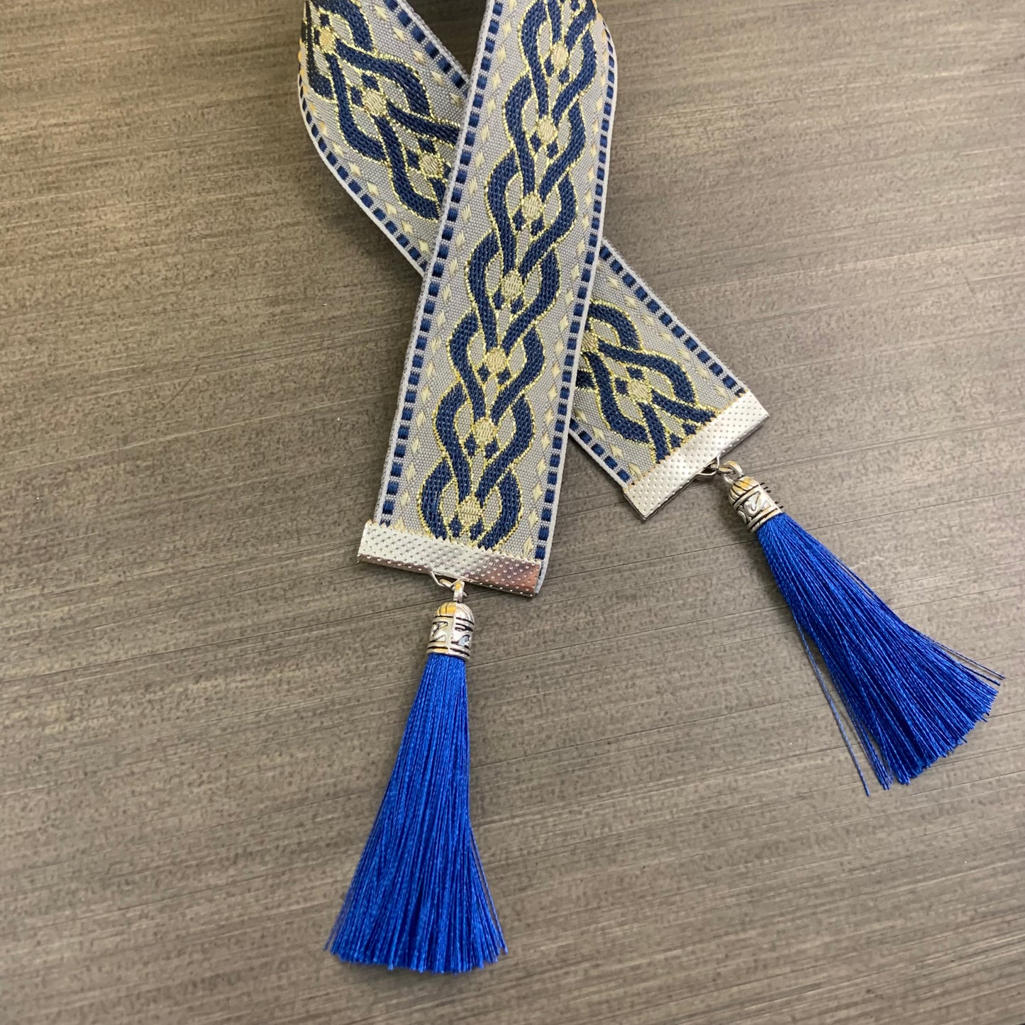 12” Ribbon Bookmark, blue, grey and gold pattern with blue tassels