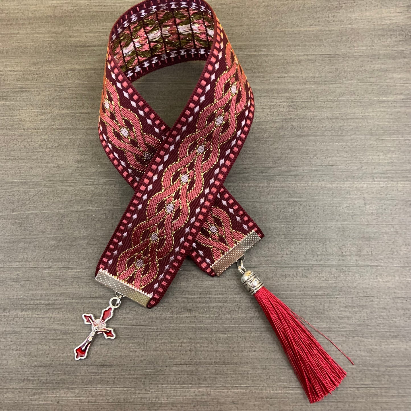 12” Ribbon Bookmark, burgundy pattern ribbon with red enamel cross and red tassel