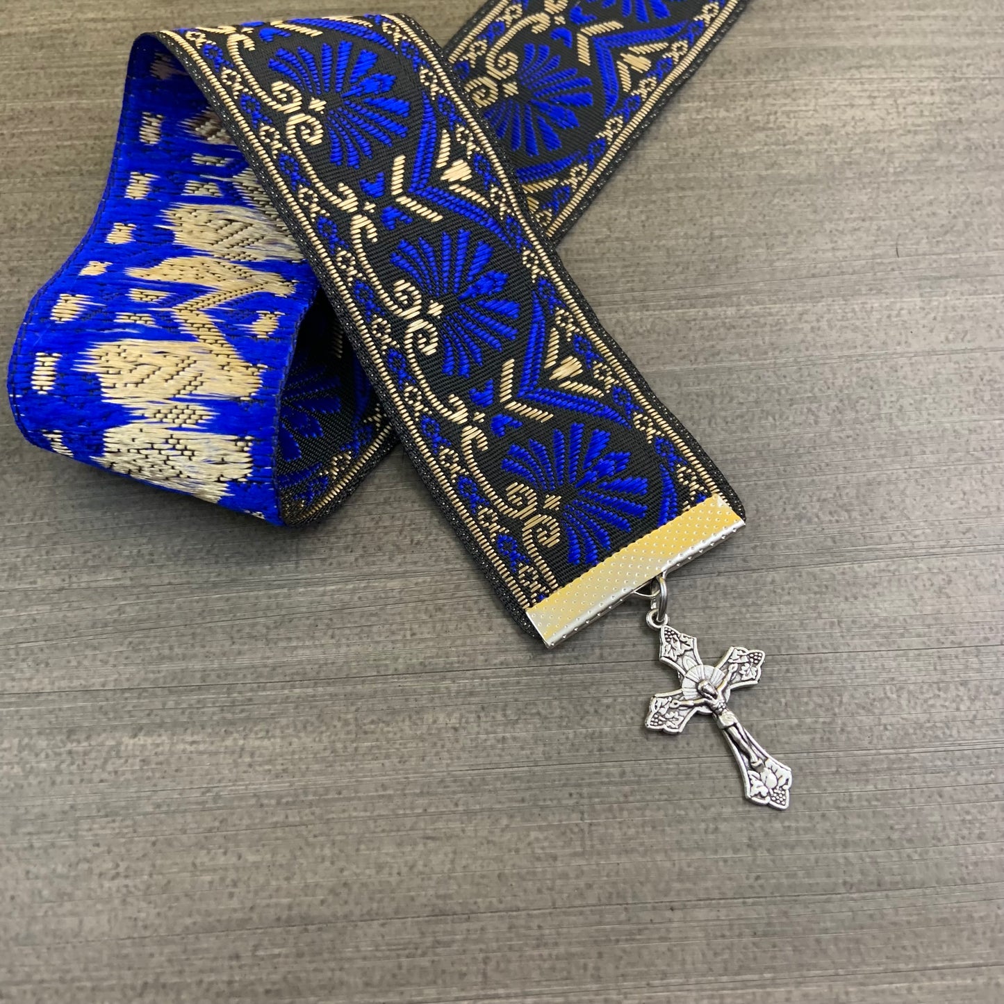 12” Ribbon Bookmark, blue and black pattern with silver cross