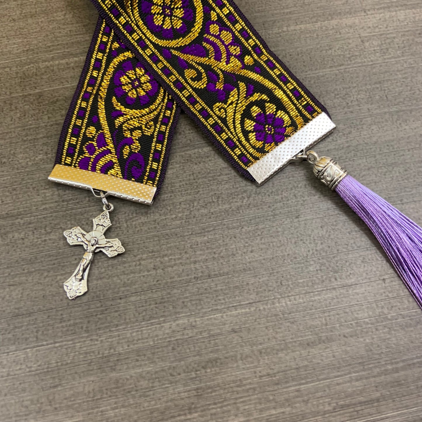 12” Ribbon Bookmark, purple gold pattern ribbon with silver cross and lavender tassel