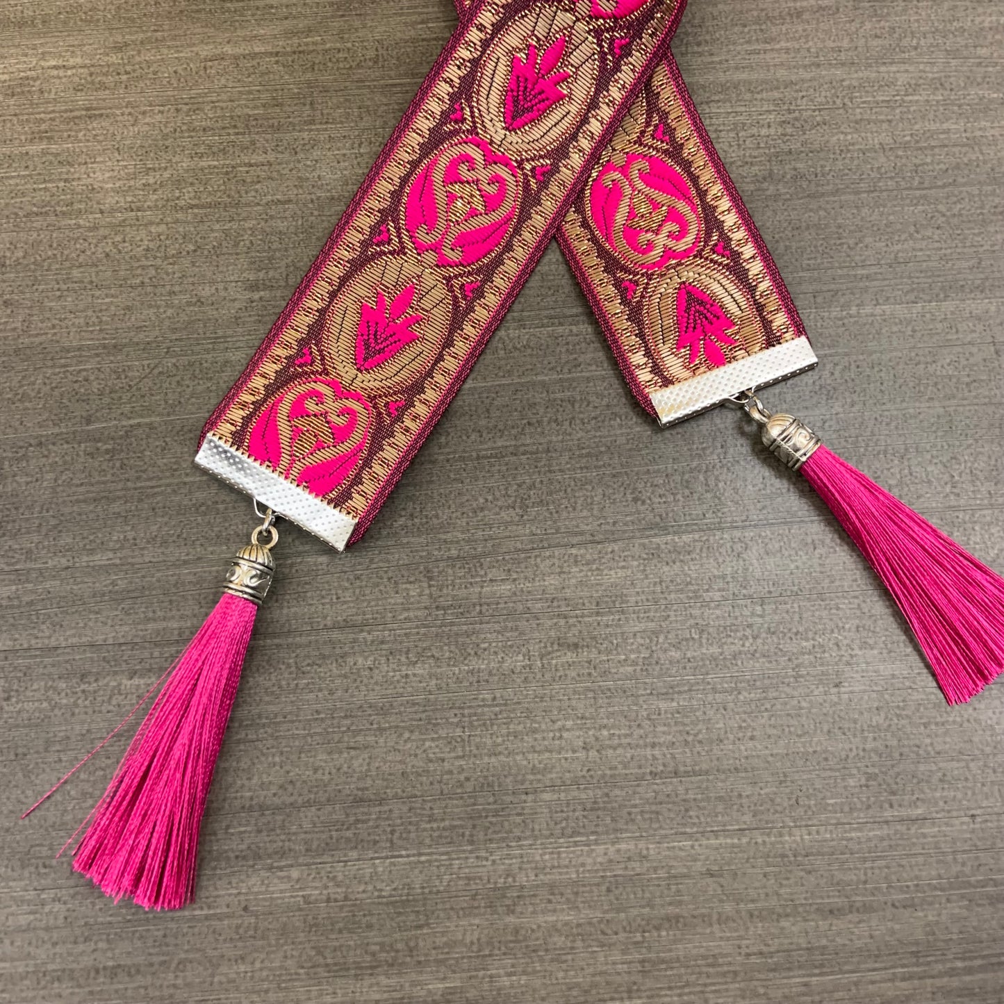 12” Ribbon Bookmark, hot pink and gold pattern with pink tassels