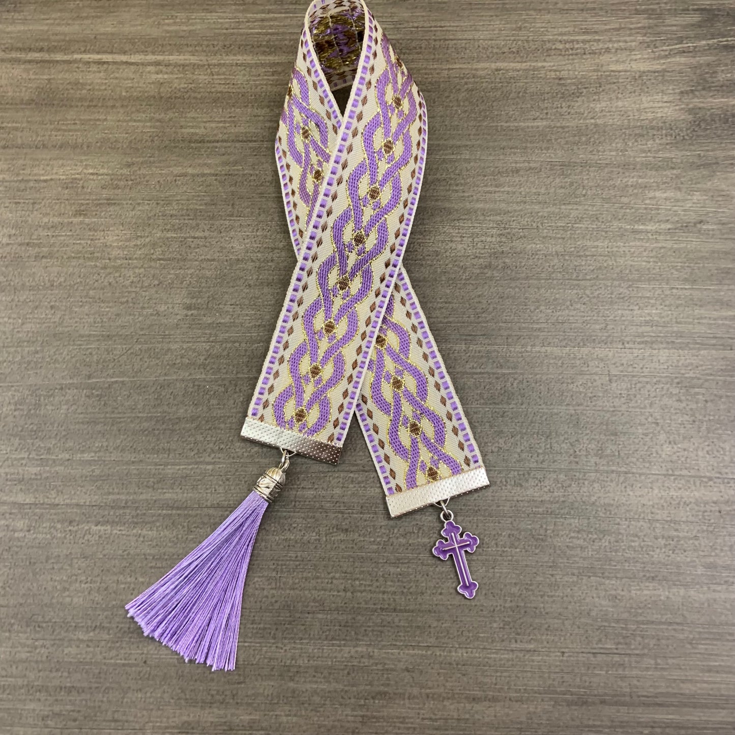 12” Ribbon Bookmark, lavender white pattern ribbon with lavender enamel cross and tassel