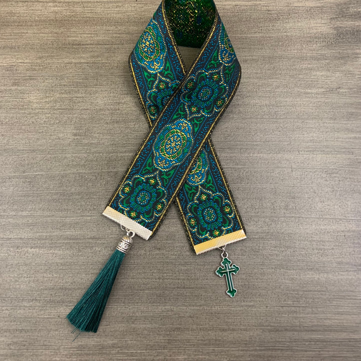 12” Ribbon Bookmark, green gold pattern ribbon with green enamel cross and green tassel