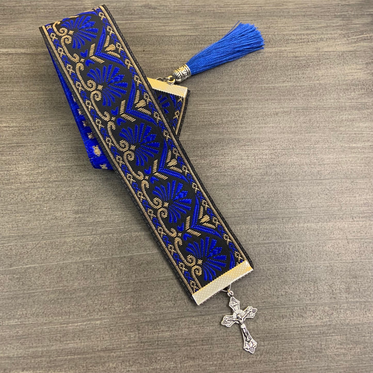 12” Ribbon Bookmark, blue and black pattern with silver cross