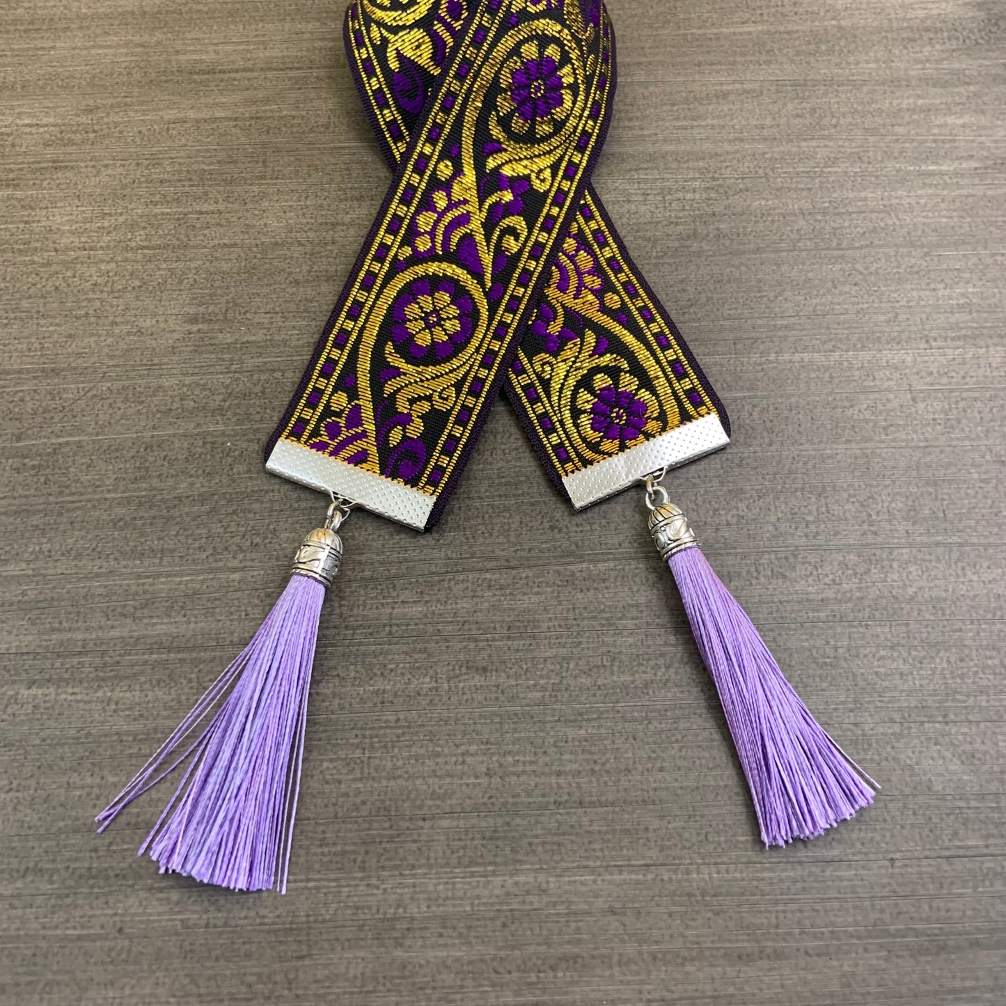 12” Ribbon Bookmark, purple, gold and black pattern with violet tassels