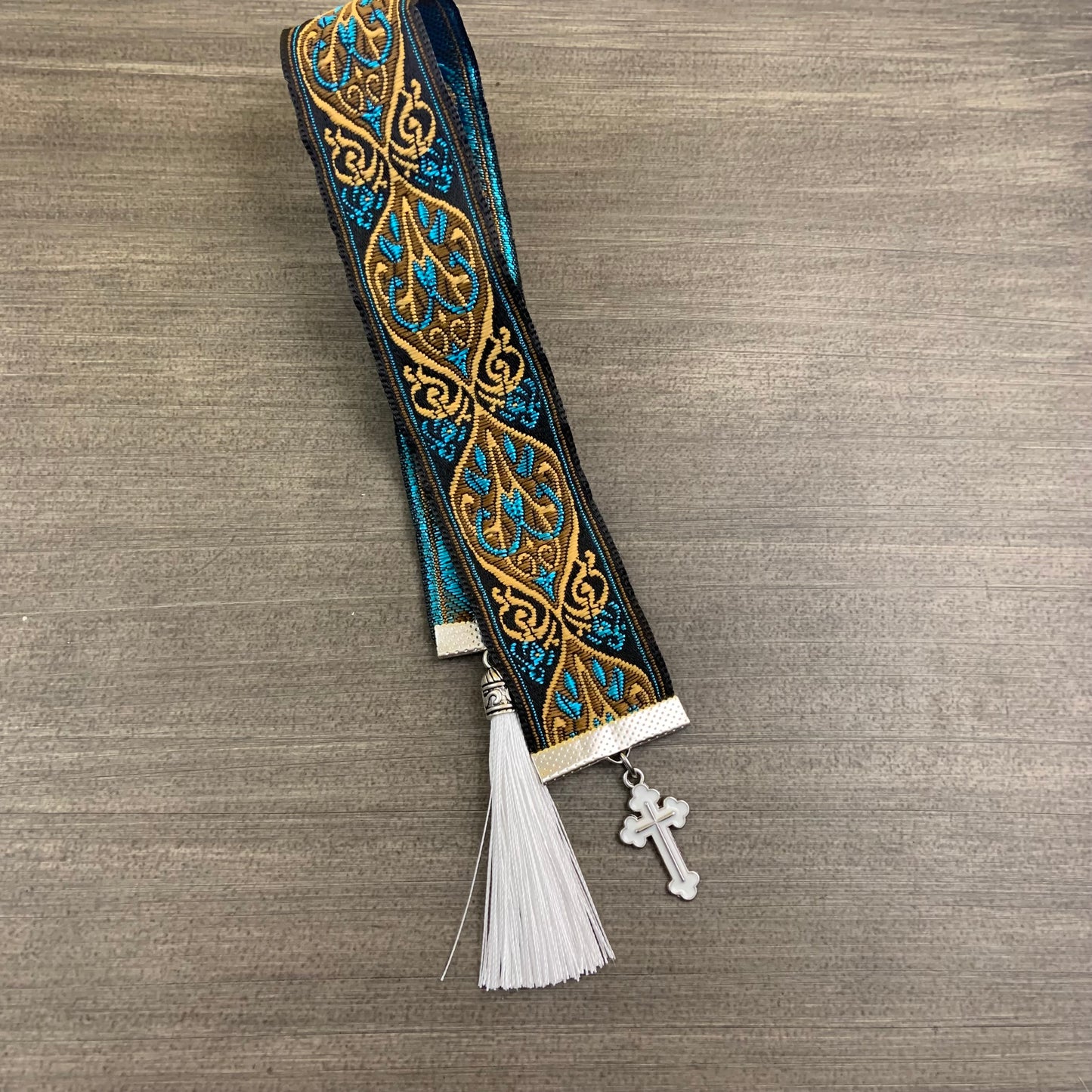 12” Ribbon Bookmark, golden turquoise pattern ribbon with white enamel cross and tassel