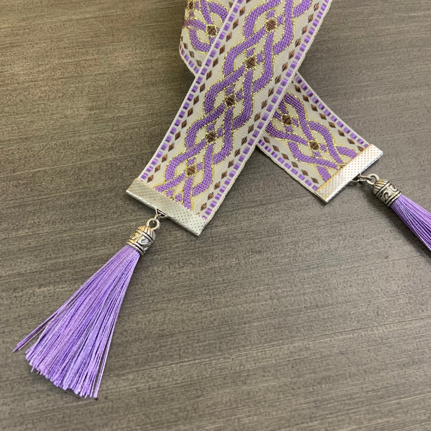 12” Ribbon Bookmark, violet, white and gold pattern with violet tassels