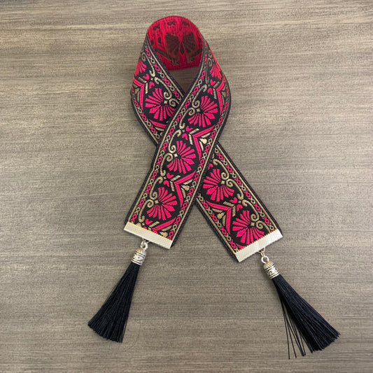 12” Ribbon Bookmark, magenta and black pattern with black tassels