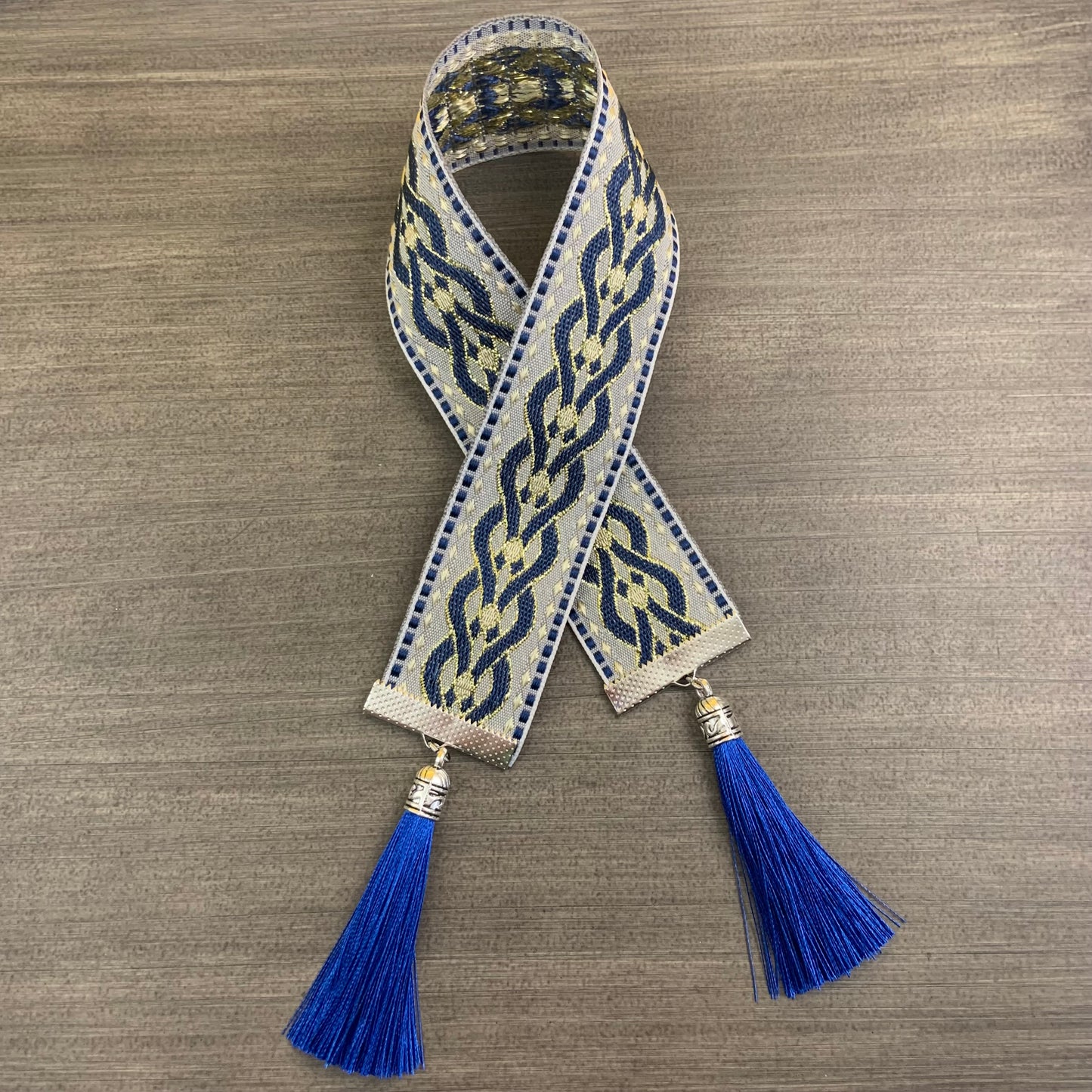 12” Ribbon Bookmark, blue, grey and gold pattern with blue tassels