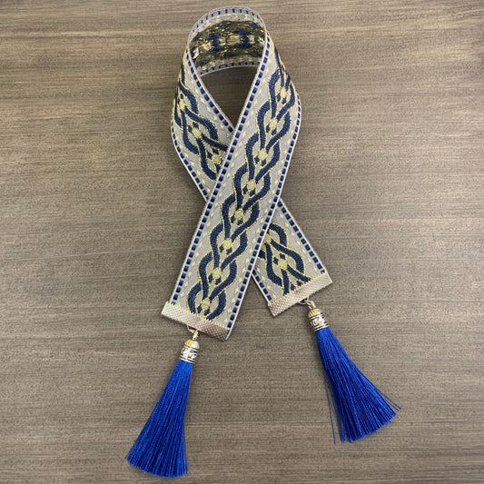 12” Ribbon Bookmark, blue, grey and gold pattern with blue tassels