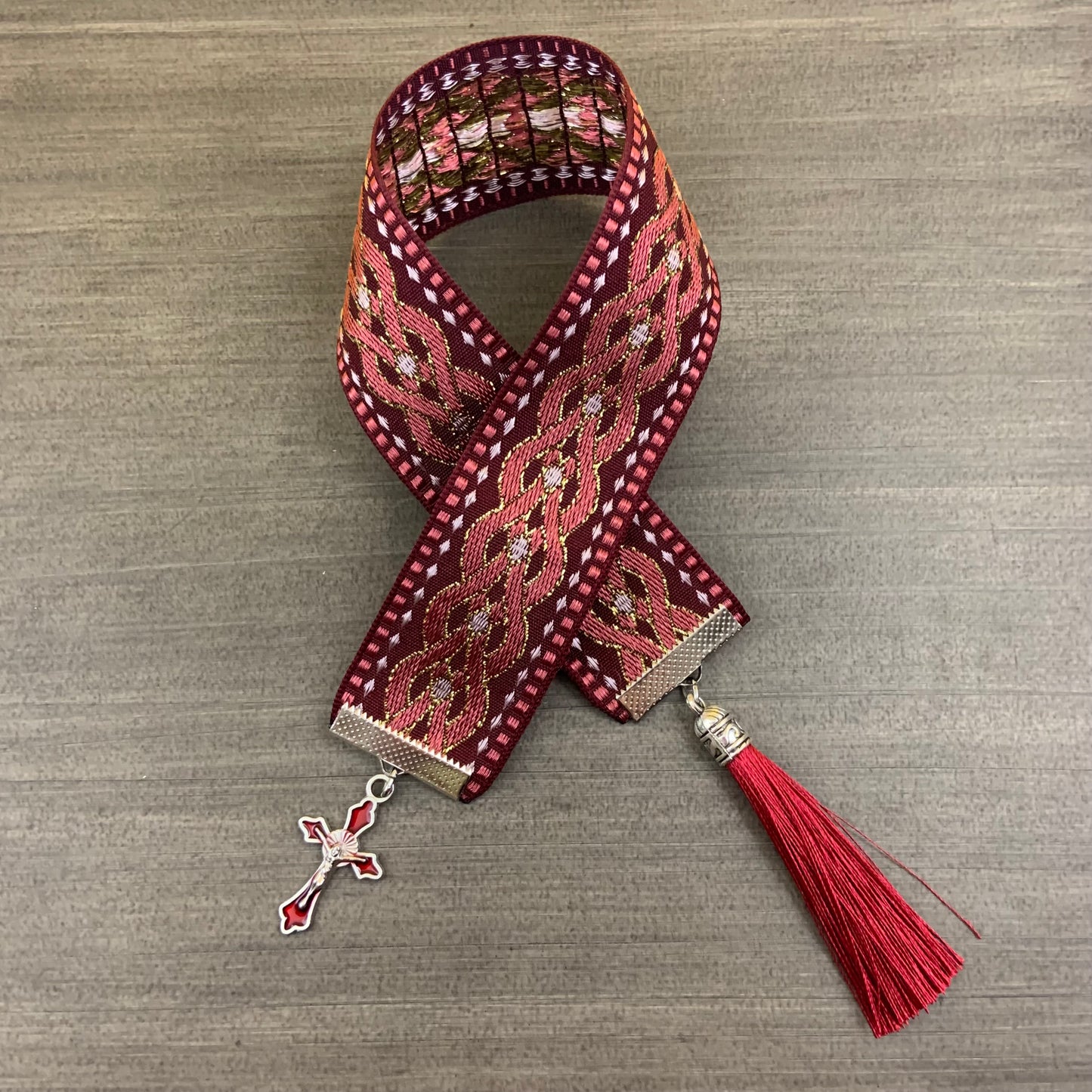 12” Ribbon Bookmark, burgundy pattern ribbon with red enamel cross and red tassel