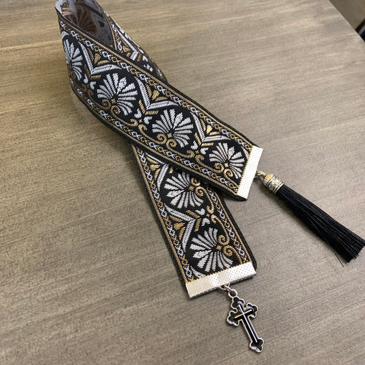 12” Ribbon Bookmark, gray black and gold pattern with black tassel and black enamel cross