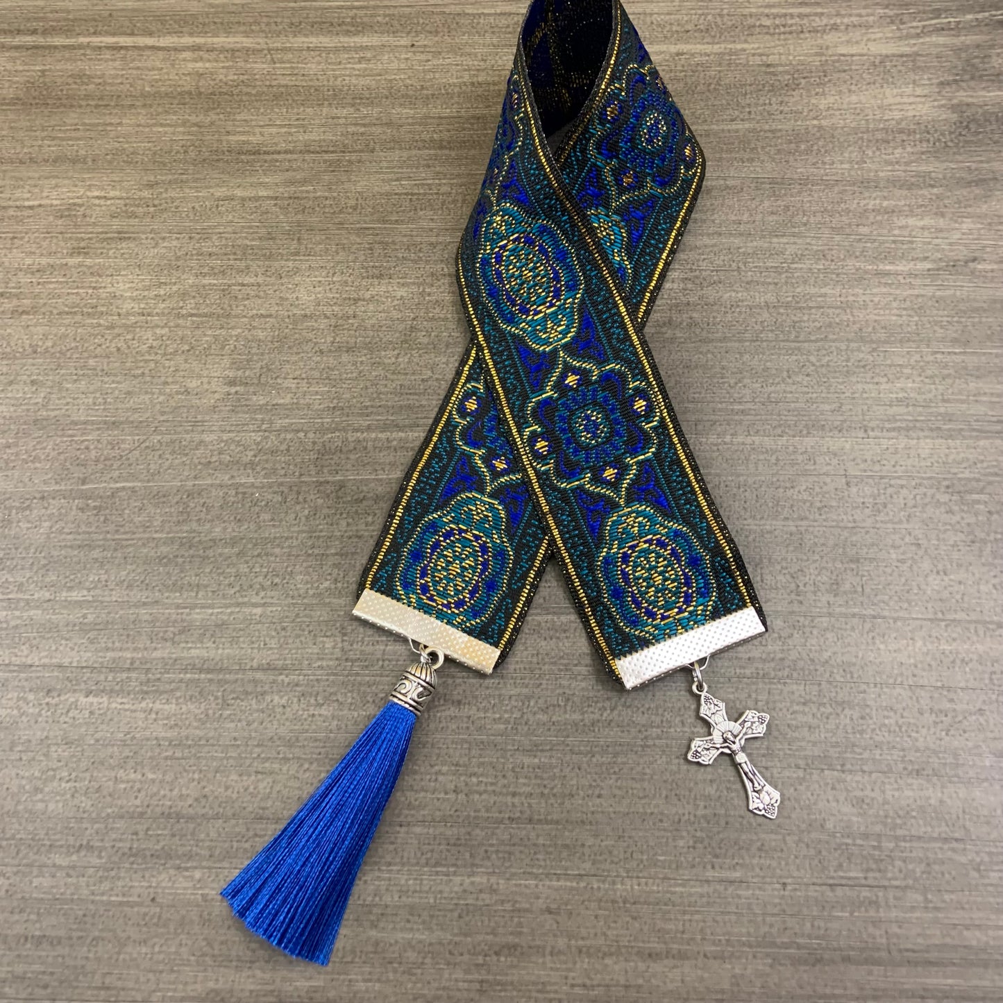 12” Ribbon Bookmark, blue gold pattern ribbon with silver cross and royal blue tassel