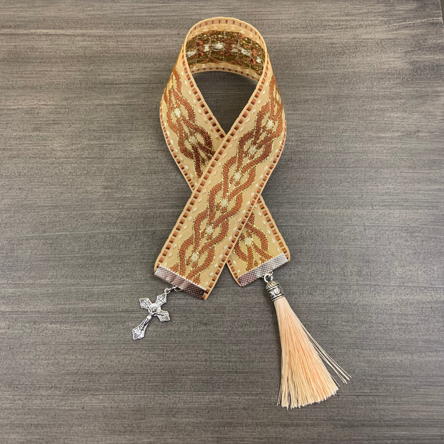 12” Ribbon Bookmark, ochre pattern ribbon with silver cross and tassel