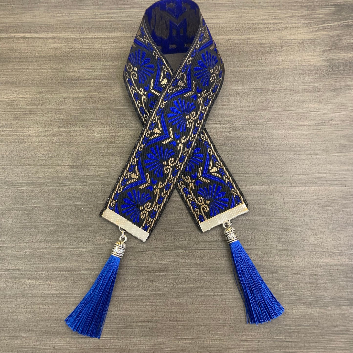 12” Ribbon Bookmark, blue and black pattern with blue tassels