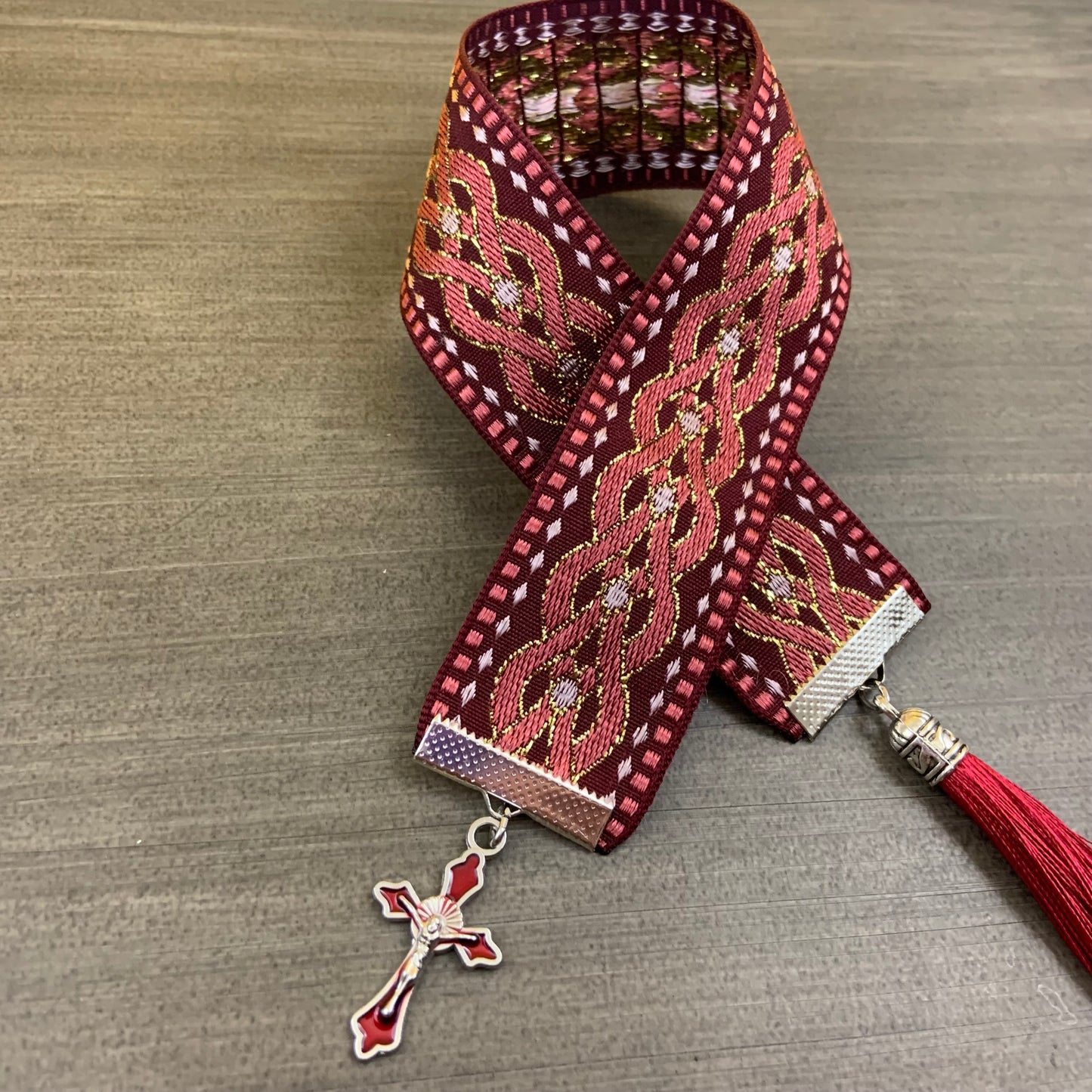 12” Ribbon Bookmark, burgundy pattern ribbon with red enamel cross and red tassel