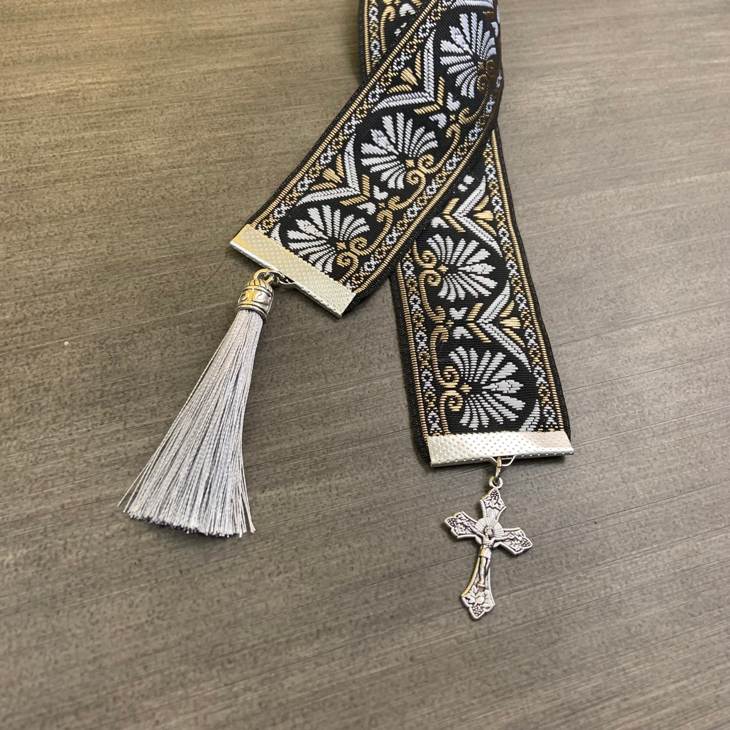 12” Ribbon Bookmark, gray black and gold pattern with gray tassel