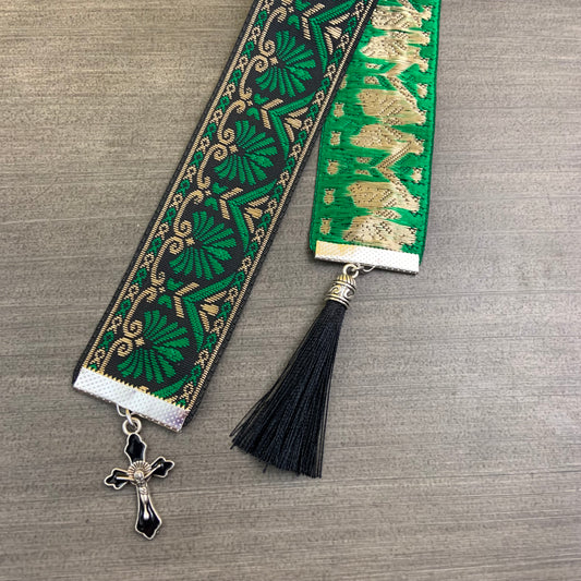 12” Ribbon Bookmark, green and black pattern with black enamel cross