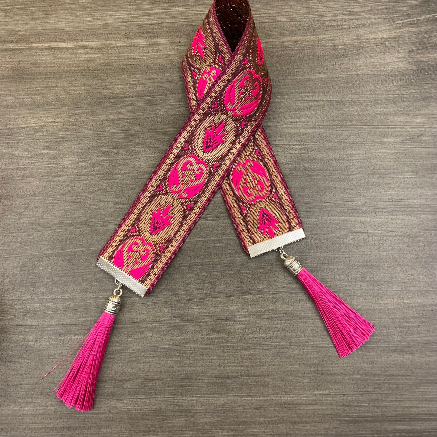 12” Ribbon Bookmark, hot pink and gold pattern with pink tassels