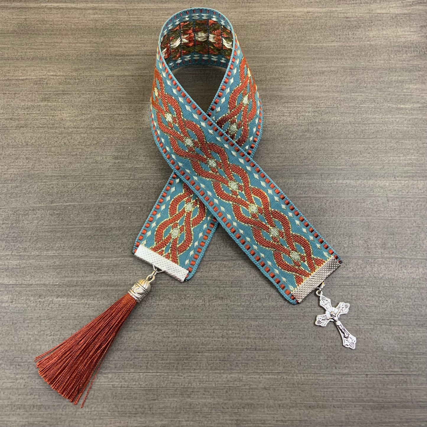 12” Ribbon Bookmark, brown and blue pattern ribbon with silver cross and brown tassel