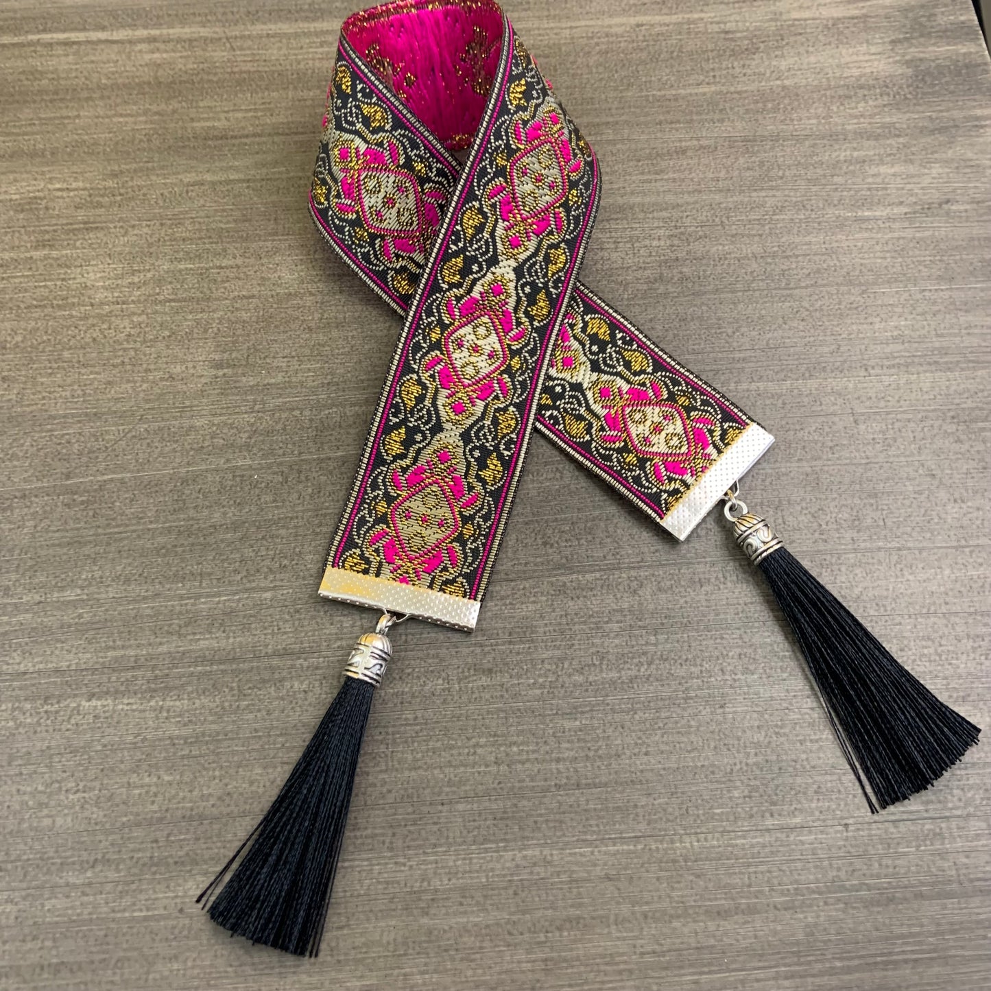 12” Ribbon Bookmark, magenta, black and gold pattern with violet tassels