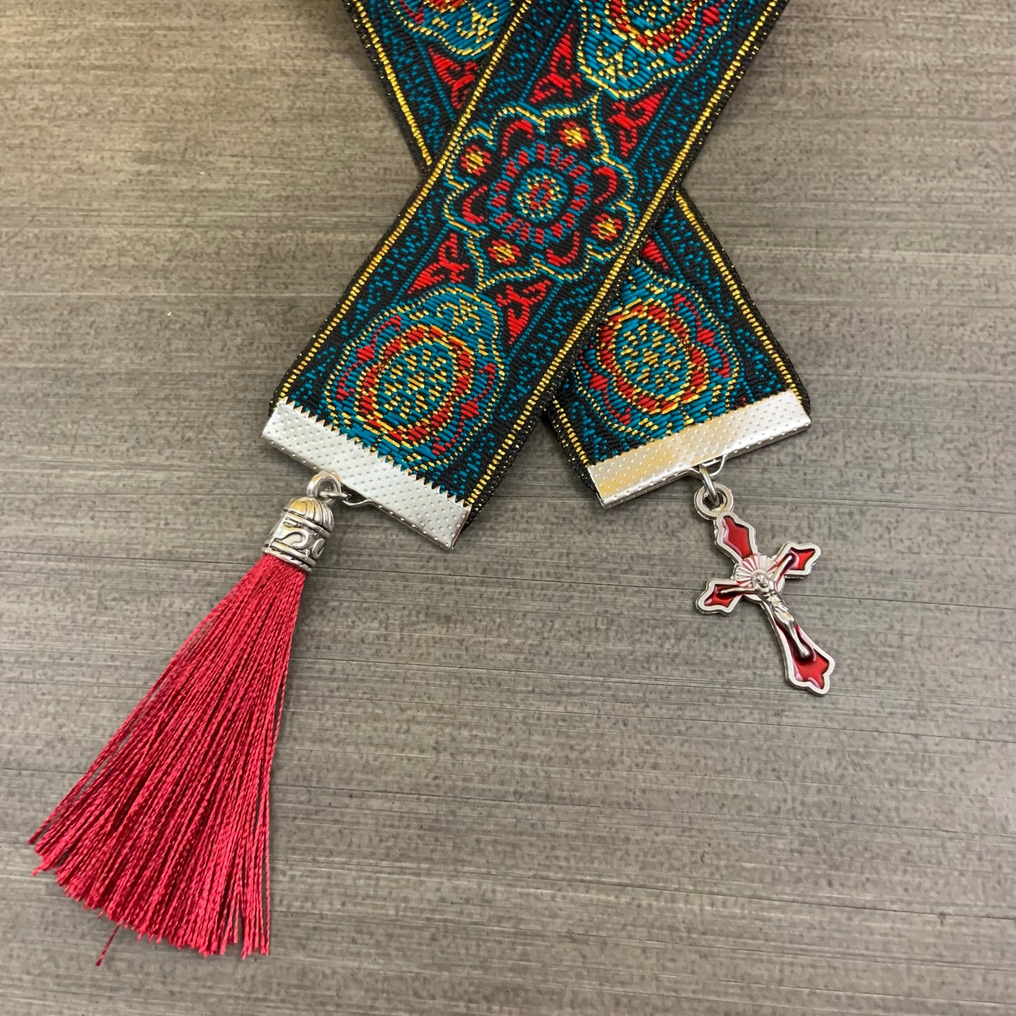 12” Ribbon Bookmark, red gold pattern ribbon with red enamel cross and red tassel