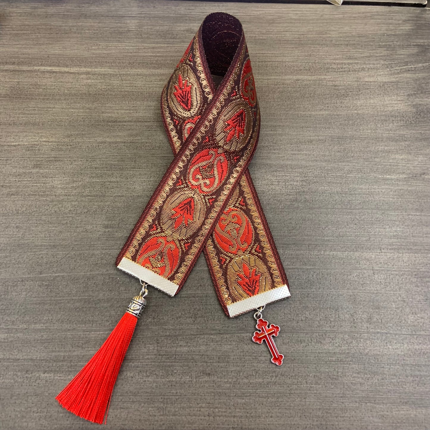 12” Ribbon Bookmark, red gold pattern ribbon with red cross and red tassel