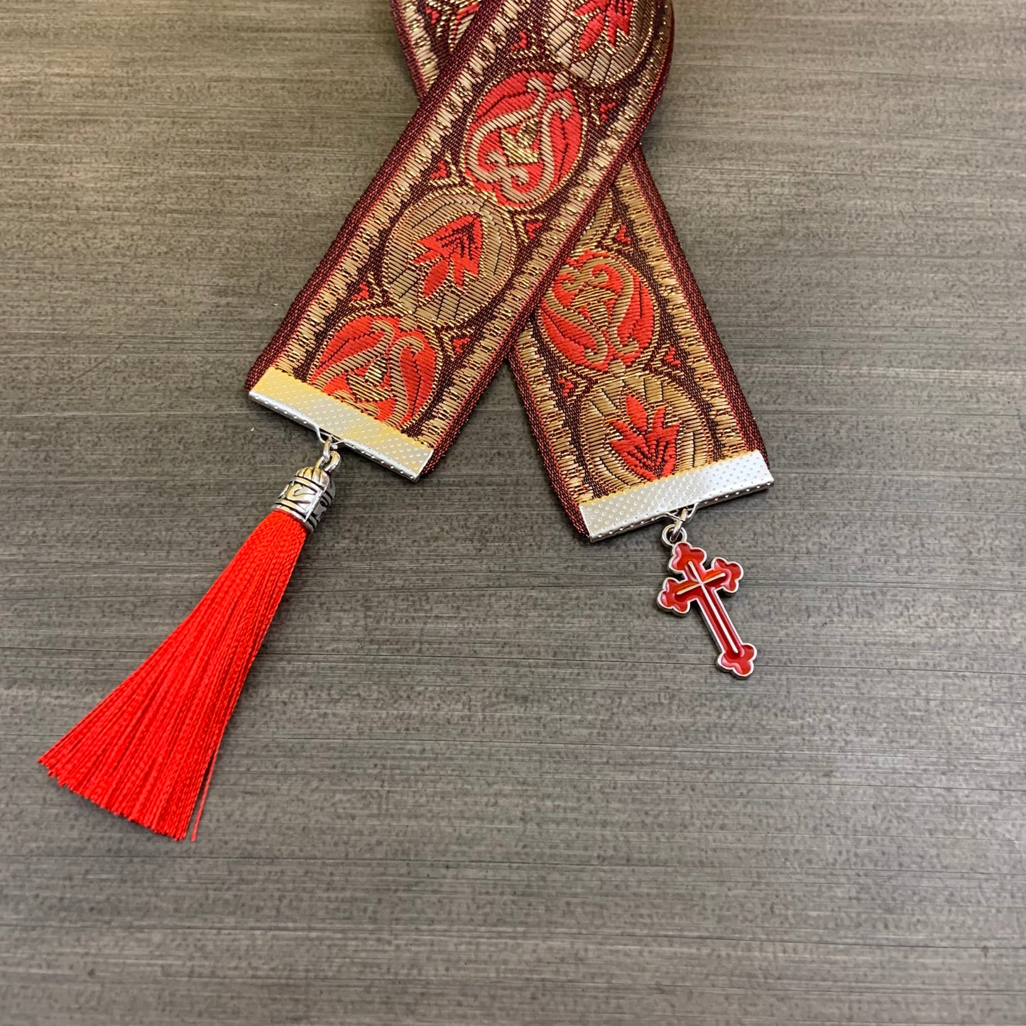 12” Ribbon Bookmark, red gold pattern ribbon with red cross and red tassel