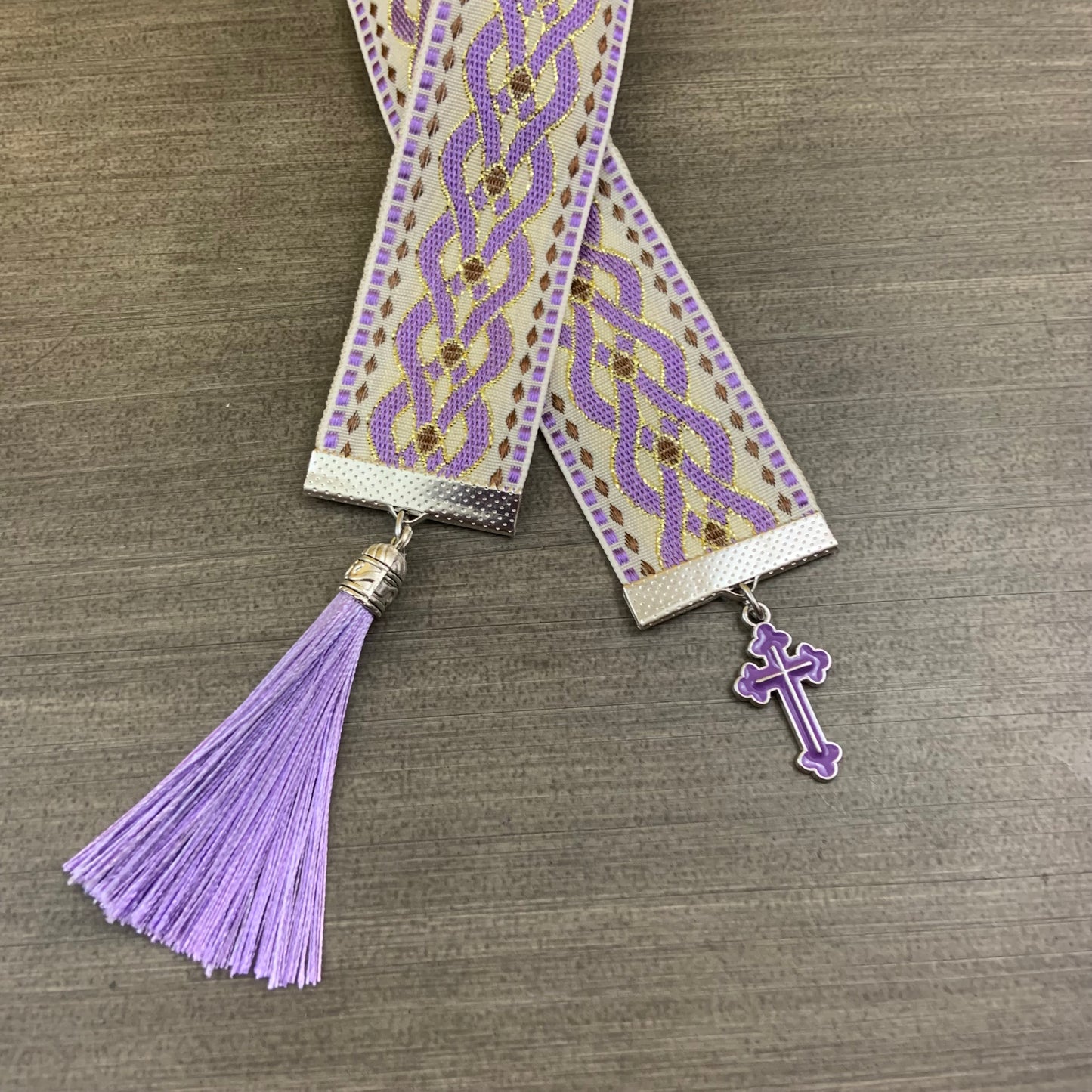 12” Ribbon Bookmark, lavender white pattern ribbon with lavender enamel cross and tassel