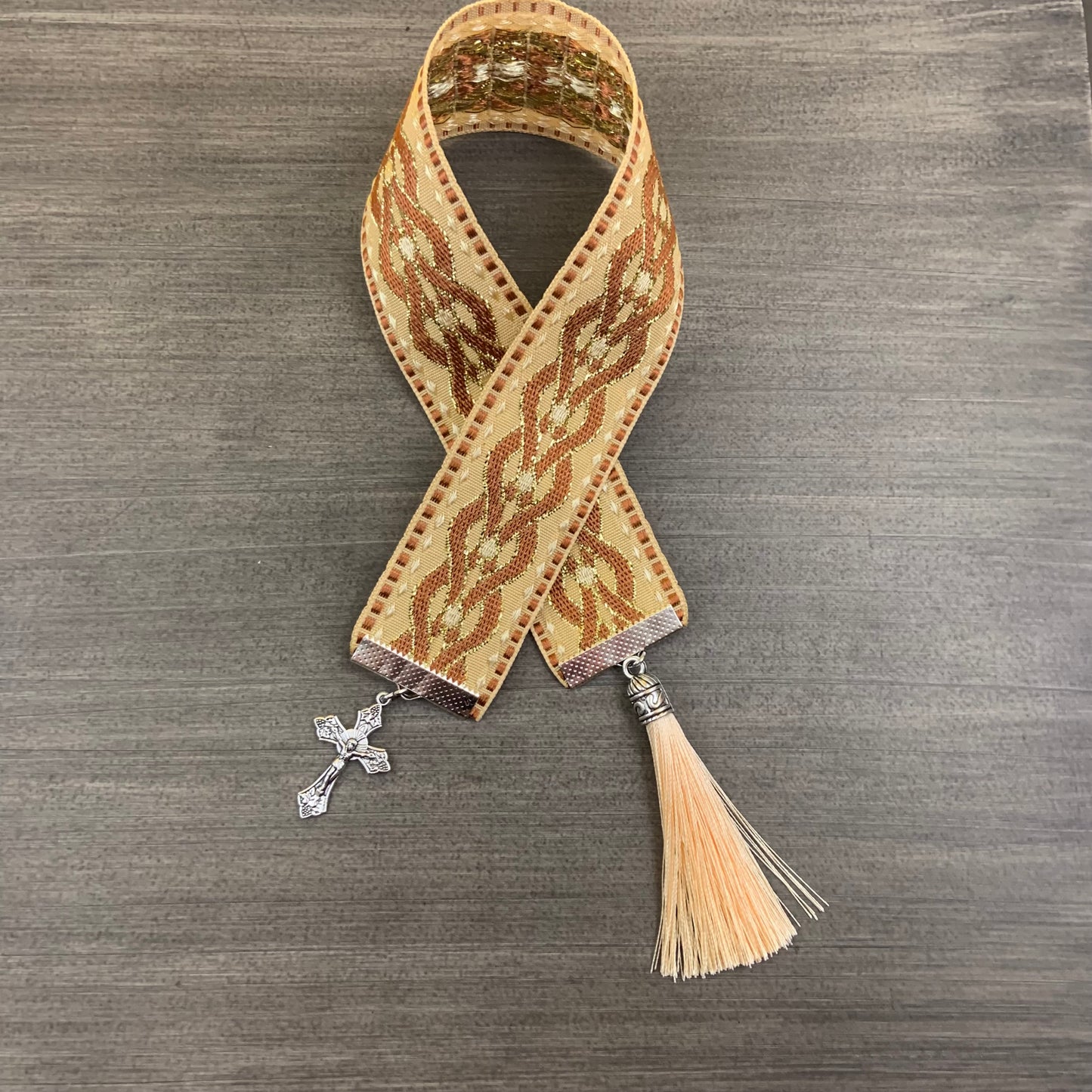 12” Ribbon Bookmark, ochre pattern ribbon with silver cross and tassel