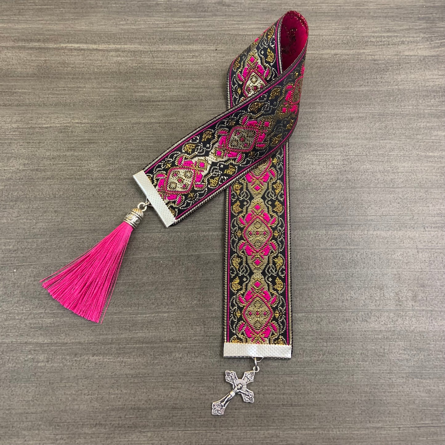 12” Ribbon Bookmark, woven gold and fuchsia pattern