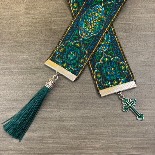 12” Ribbon Bookmark, green gold pattern ribbon with green enamel cross and green tassel