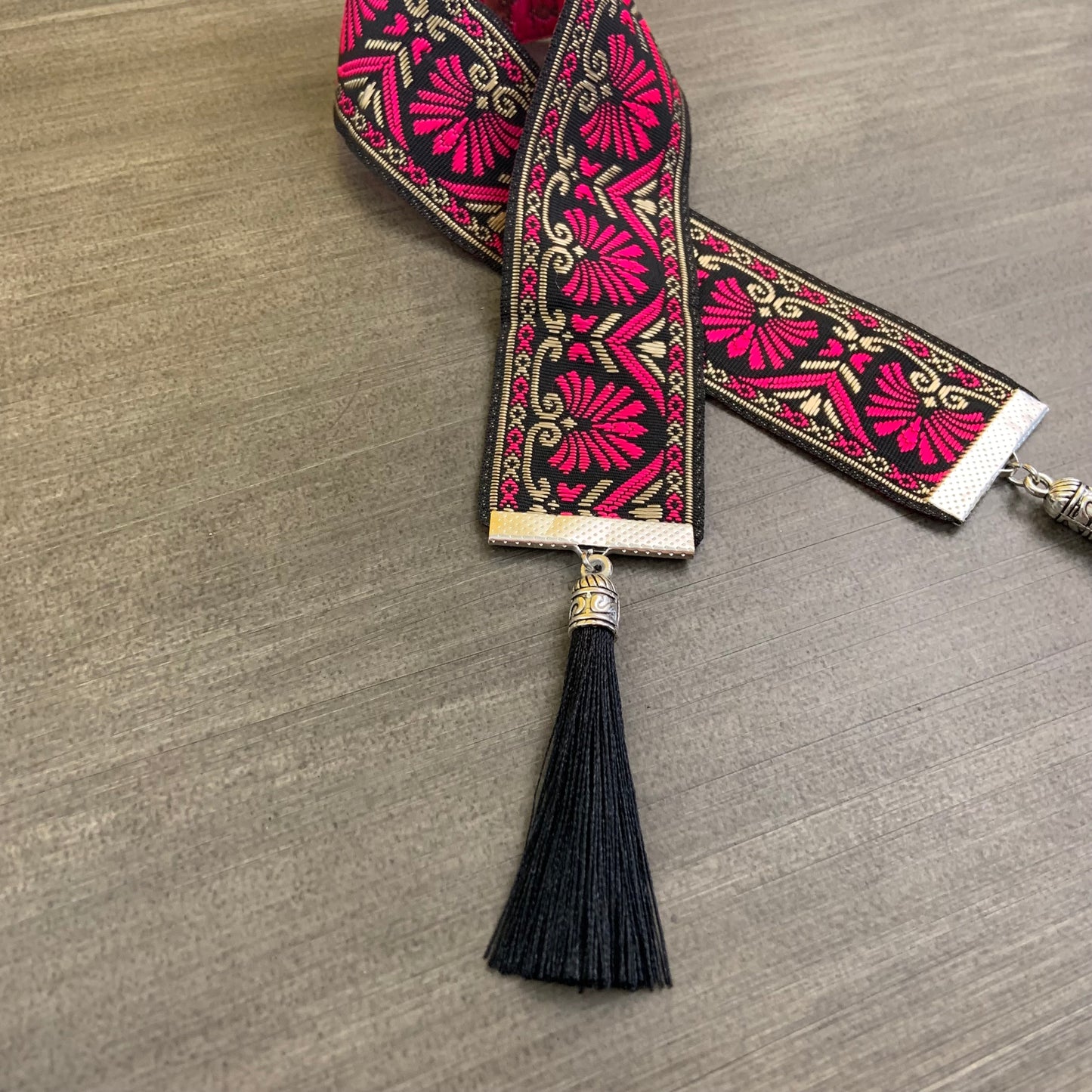 12” Ribbon Bookmark, magenta and black pattern with black tassels