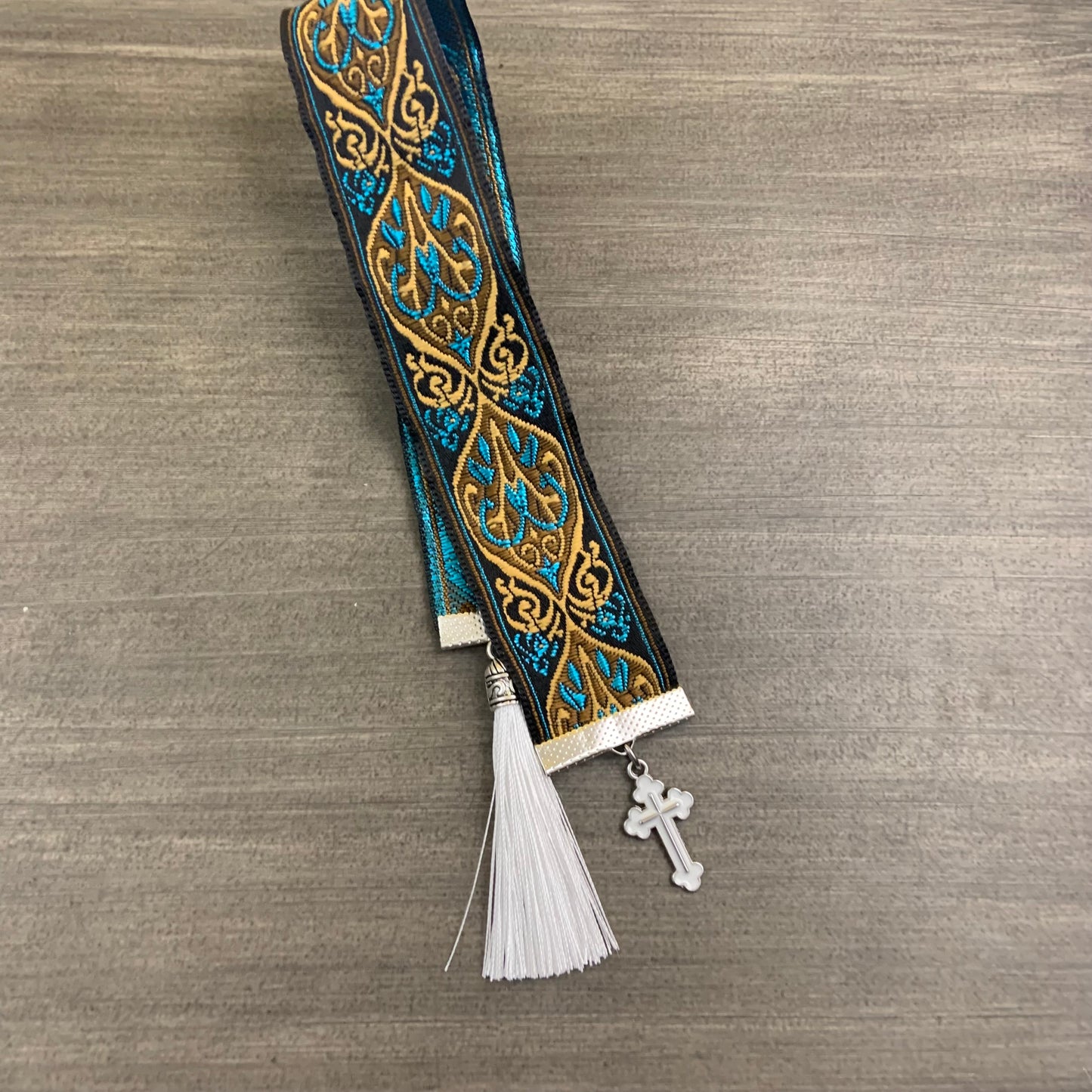 12” Ribbon Bookmark, golden turquoise pattern ribbon with white enamel cross and tassel