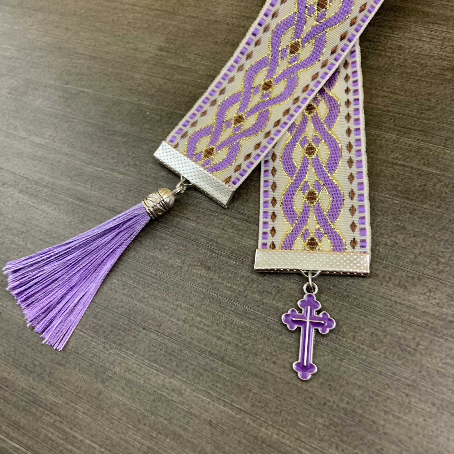 12” Ribbon Bookmark, lavender white pattern ribbon with lavender enamel cross and tassel