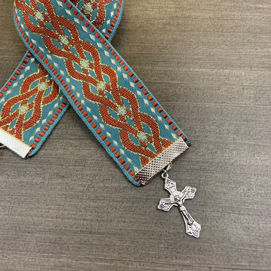 12” Ribbon Bookmark, brown and blue pattern ribbon with silver cross and brown tassel