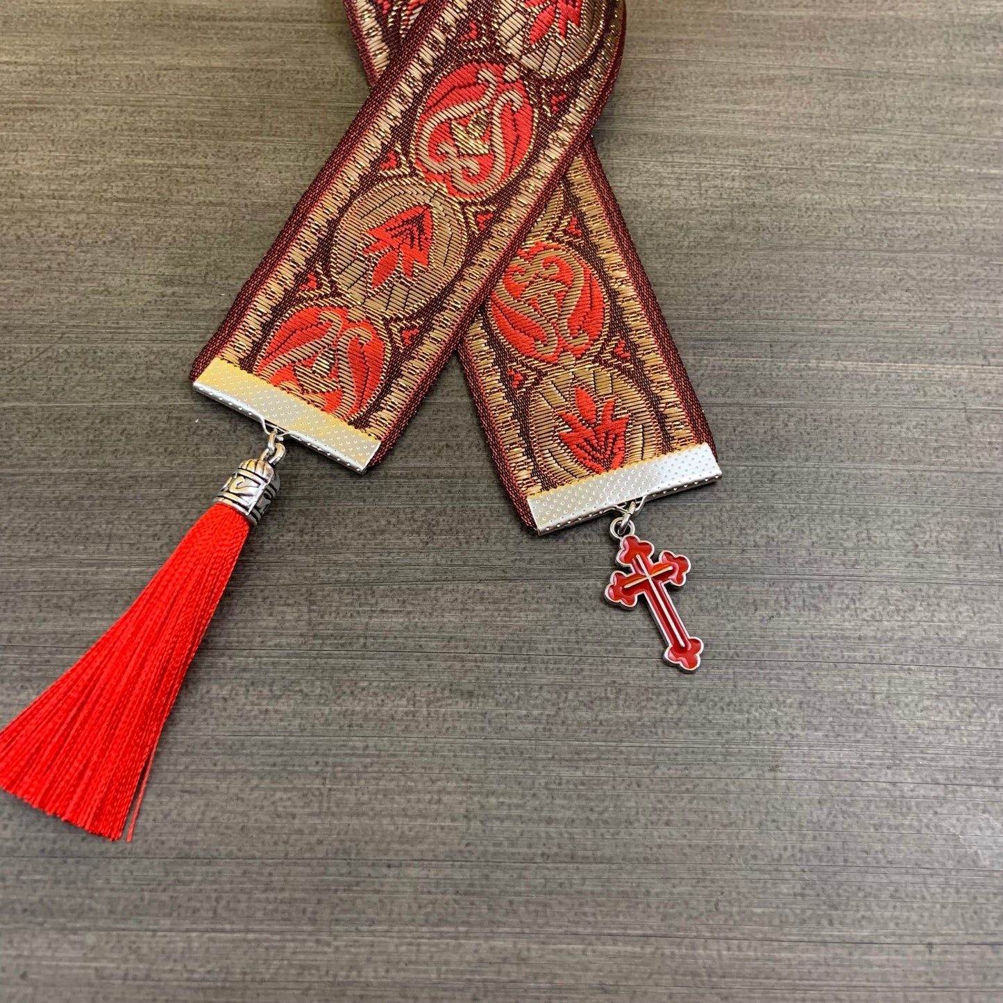 12” Ribbon Bookmark, red gold pattern ribbon with red cross and red tassel